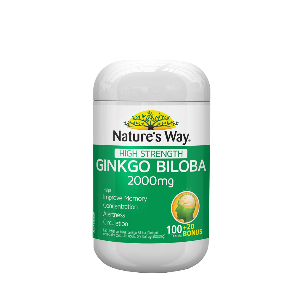 Ginkgo Biloba 2000mg Nature’s Way – Hỗ trợ tăng cường chức năng não bộ, tuần hoàn máu não – Lọ 100 viên