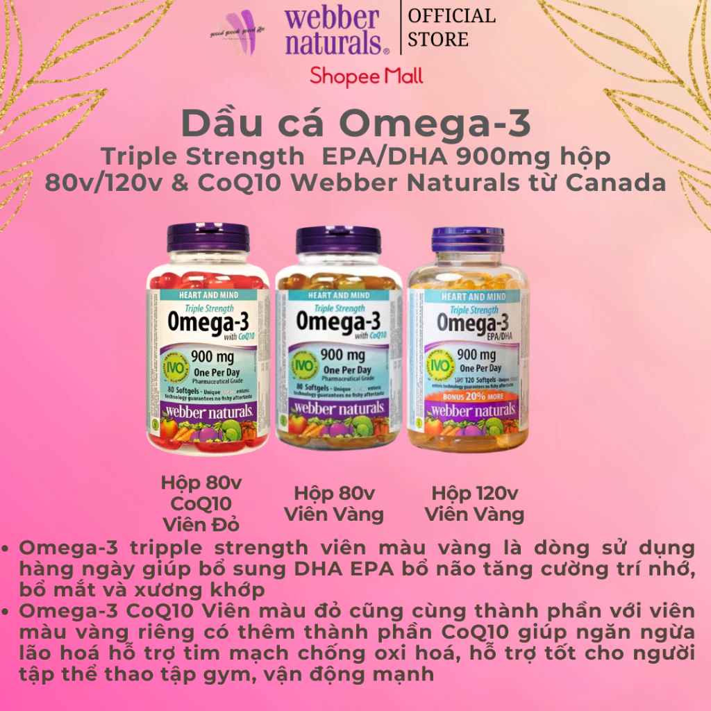Dầu cá Triple Strength Omega-3 EPA/DHA 900mg with COQ10 Webber naturals 80/120v dùng cho nam và nữ