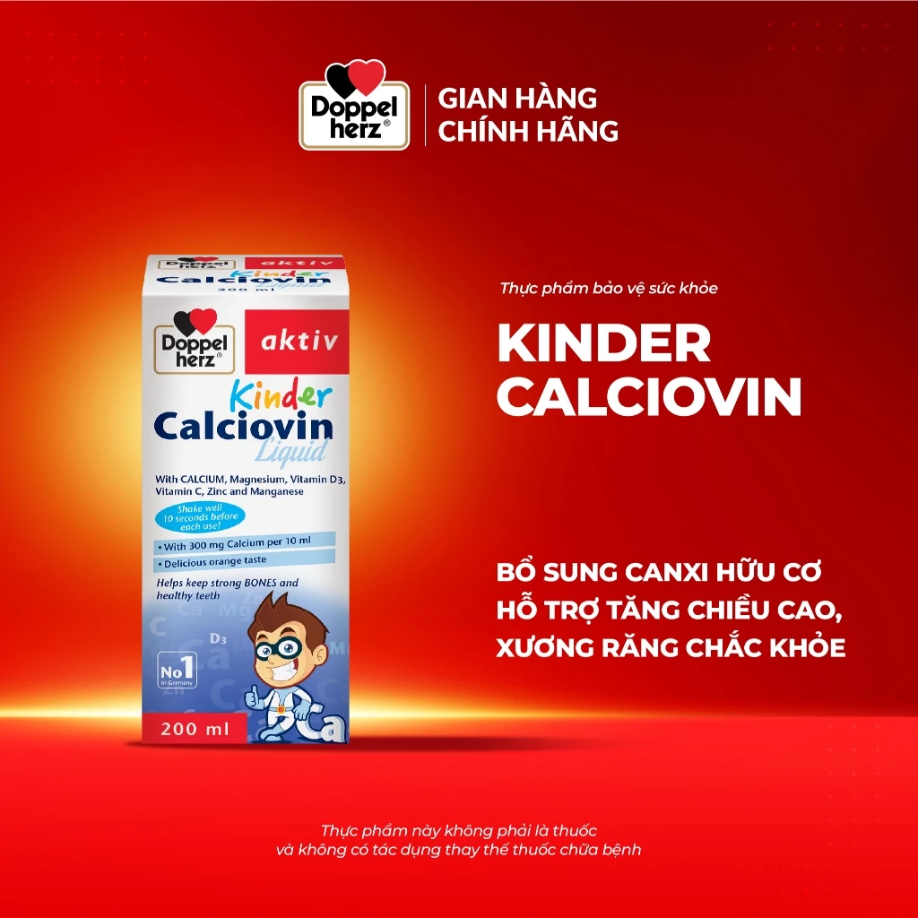 Siro canxi cho bé Doppelherz Kinder Calciovin bổ sung canxi hữu cơ hỗ trợ tăng chiều cao, xương chắc khỏe (Chai 200ml)