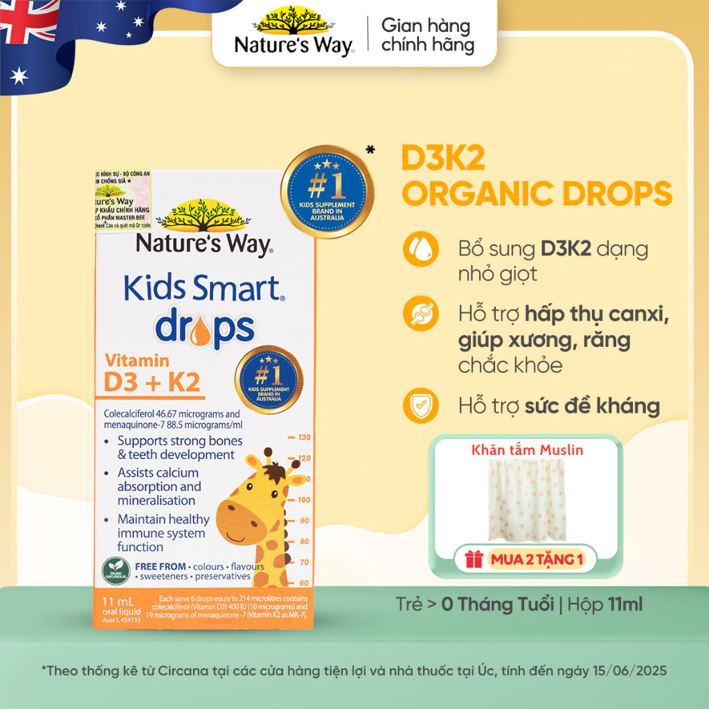 Vitamin D3k2 Organic Nature’s Way, D3K2 Cho Trẻ Sơ Sinh Với Thành Phần Hoa Hướng Dương Organic Hộp 11ml