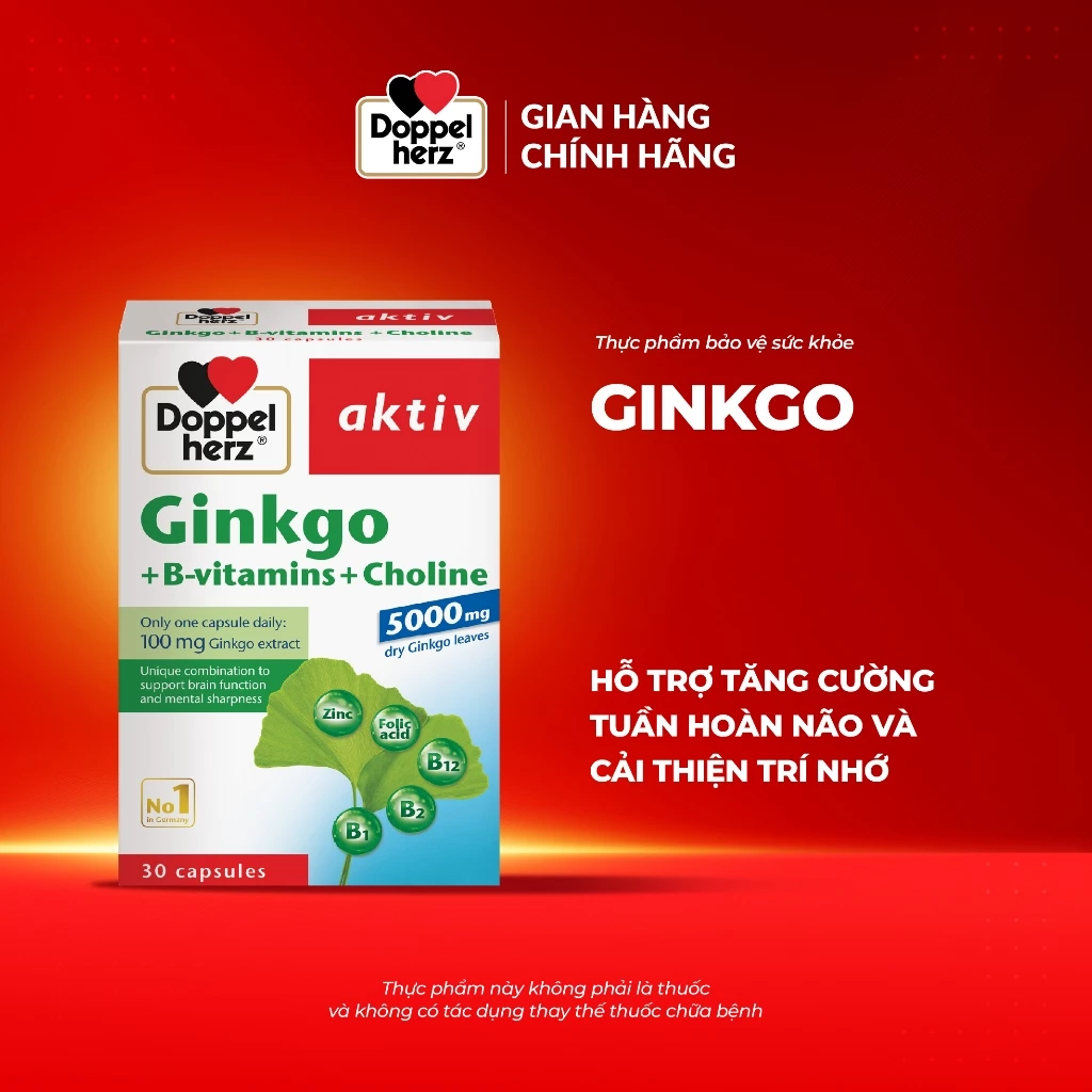Viên uống bổ não Doppelherz Ginkgo hỗ trợ tăng cường tuần hoàn não và cải thiện trí nhớ (Hộp 30 viên)