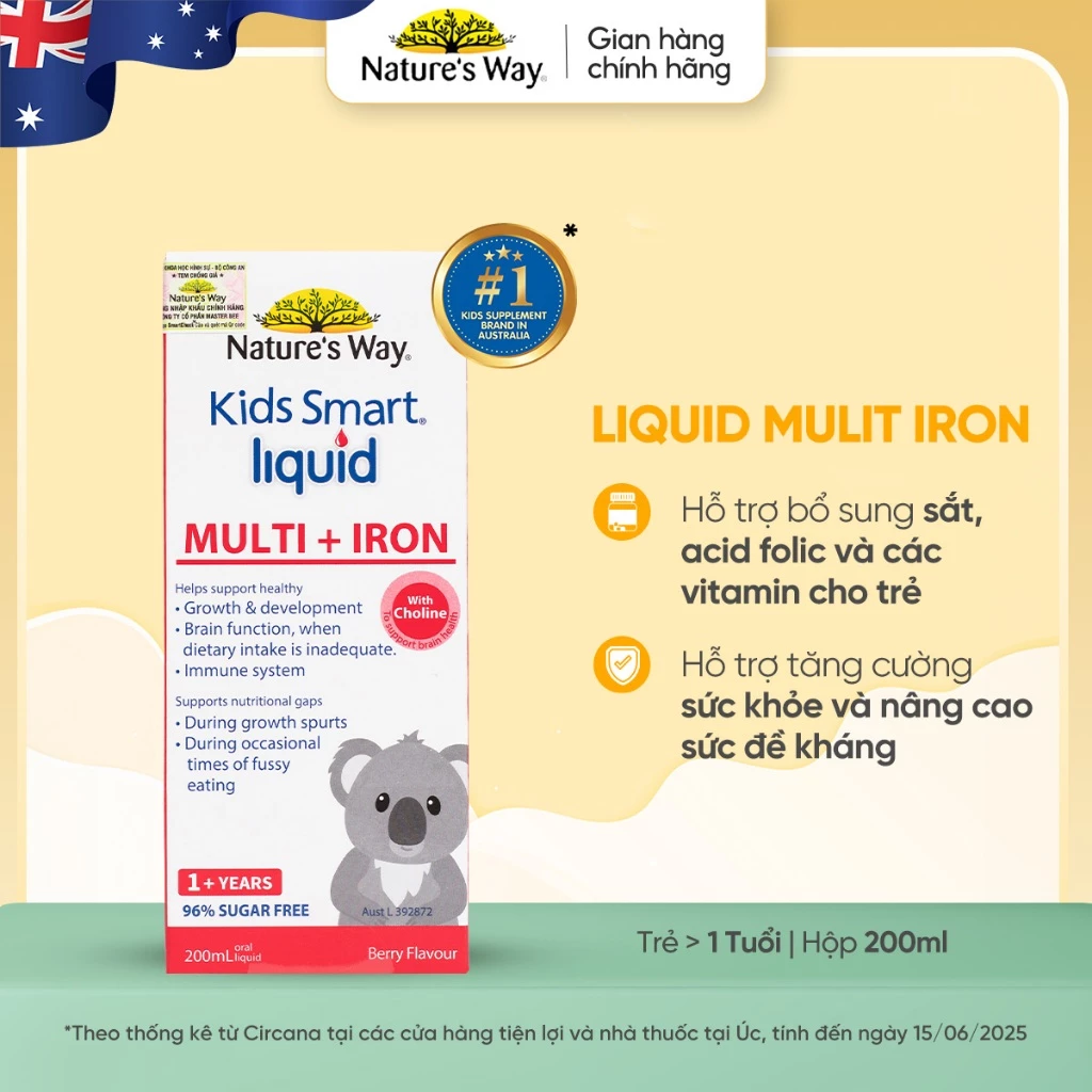 Siro Bổ Sung Sắt Và Multi Vitamin Cho Bé Nature’s Way Kids Smart Liquid Multi + Iron Hỗ Trợ Nâng Cao Đề Kháng 200ml