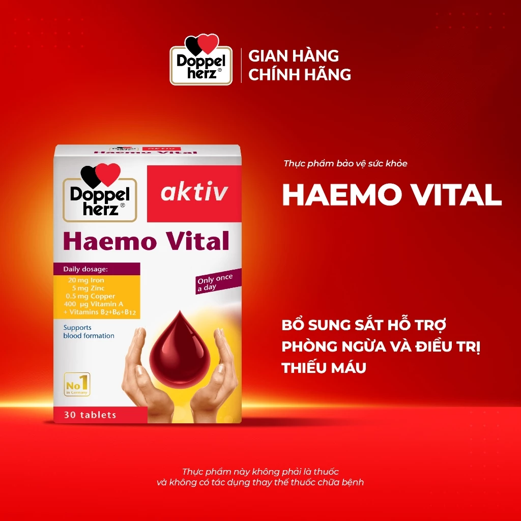 Viên uống bổ sung sắt Doppelherz Haemo Vital hỗ trợ phòng ngừa thiếu máu (Hộp 30 viên)