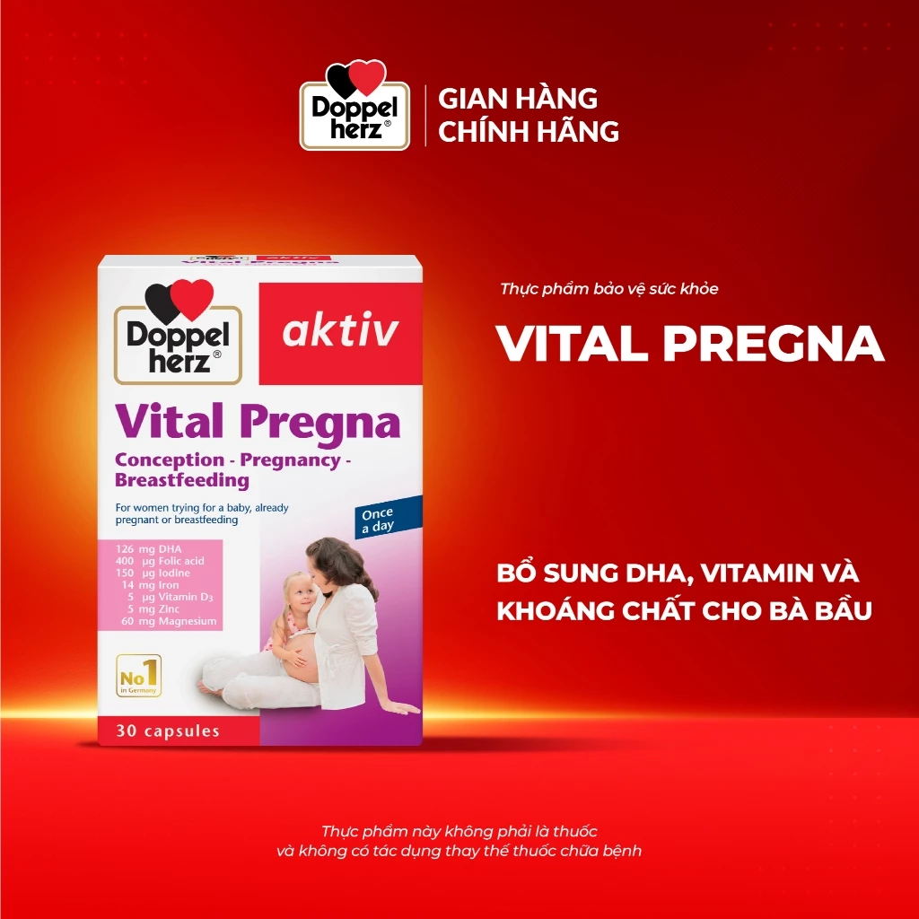 Viên uống vitamin bầu Doppel herz Vital Pregna bổ sung vitamin và khoáng chất cho bà bầu (Hộp 30 viên)