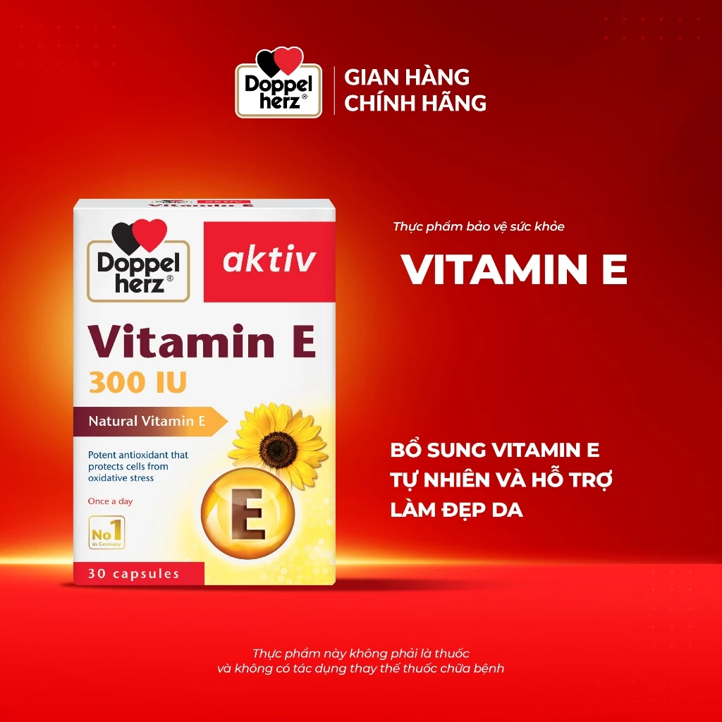 Viên uống vitamin e Doppelherz Vitamin E hỗ trợ làn da khỏe mạnh, làm chậm quá trình lão hóa (hộp 30 viên)