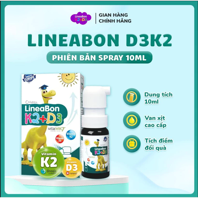 Lineabon D3 K2 Dạng Xịt Tiện Lợi – Hỗ Trợ Hấp Thu Canxi Cho Trẻ [10ml]