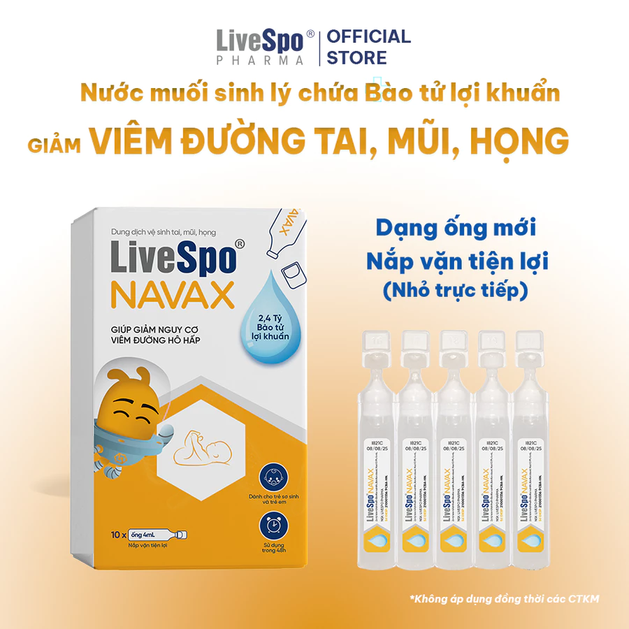 LiveSpo Navax sơ sinh (10 ống) – Nhỏ mũi, họng cho trẻ 0-2 tuổi, giúp giảm nghẹt mũi, viêm mũi, họng
