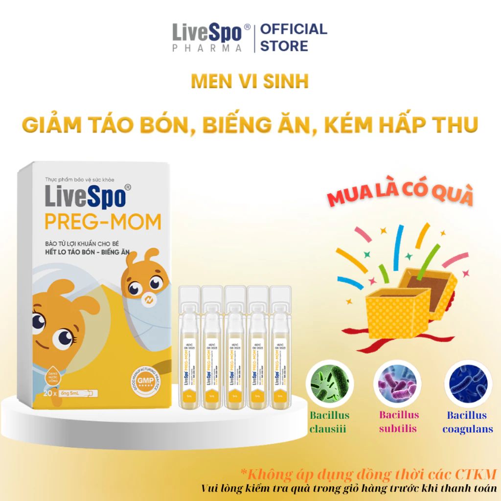 LiveSpo Pregmom (20 ống) – Men vi sinh bào tử lợi khuẩn cho bé táo bón, biếng ăn, rối loạn tiêu hóa
