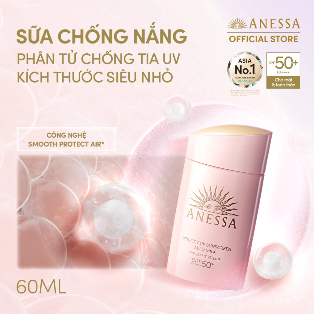 Sữa chống nắng dưỡng da dịu nhẹ an toàn cho da nhạy cảm và trẻ em Anessa Mild Milk SPF50+ PA++++ 60ml