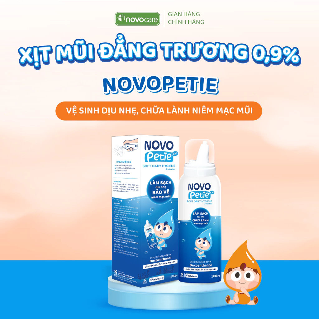 Xịt mũi nước muối sinh lý Novopetie 0,9% rửa mũi hàng ngày, dưỡng ẩm, bảo vệ mũi 100ml