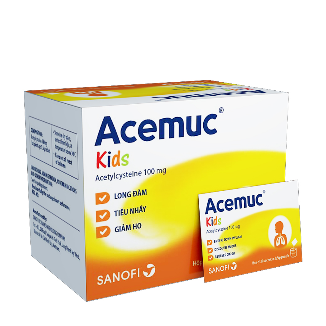Thuốc long đờm, tiêu nhày, giảm ho ACEMUC KIDS (Acetylcystein 100mg) – Hộp 30 gói